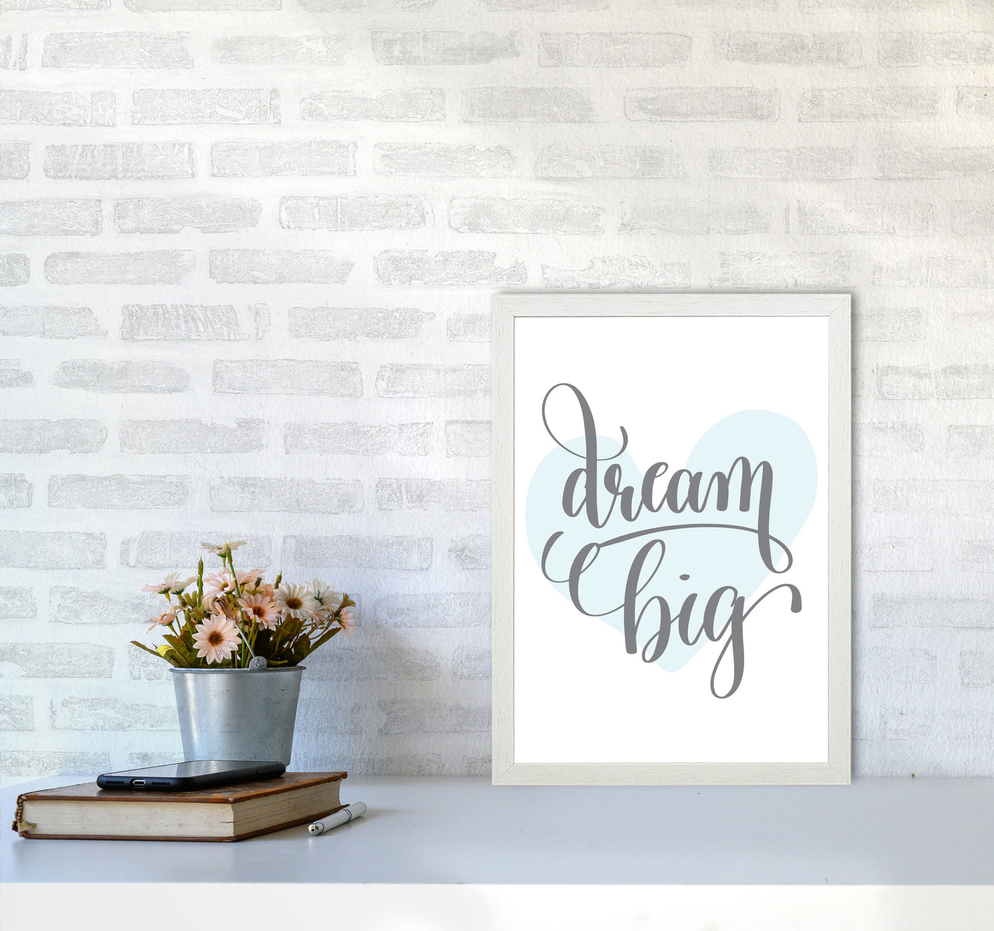 Dream Big Blue Heart Framed Nursey Wall Art Print A3 Oak Frame