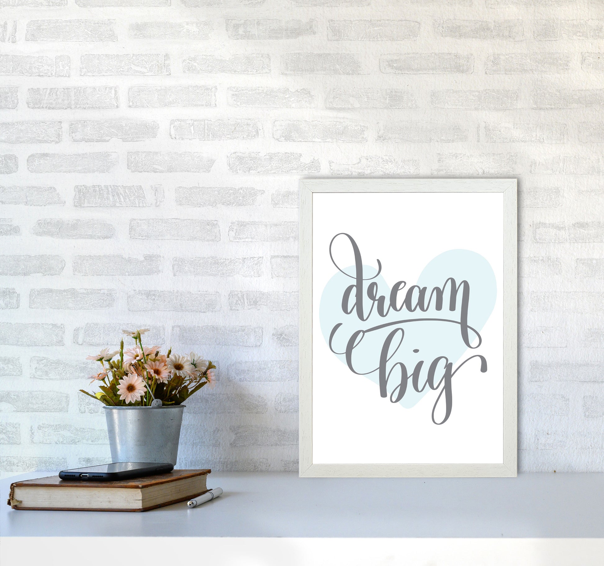 Dream Big Blue Heart Framed Nursey Wall Art Print A3 Oak Frame