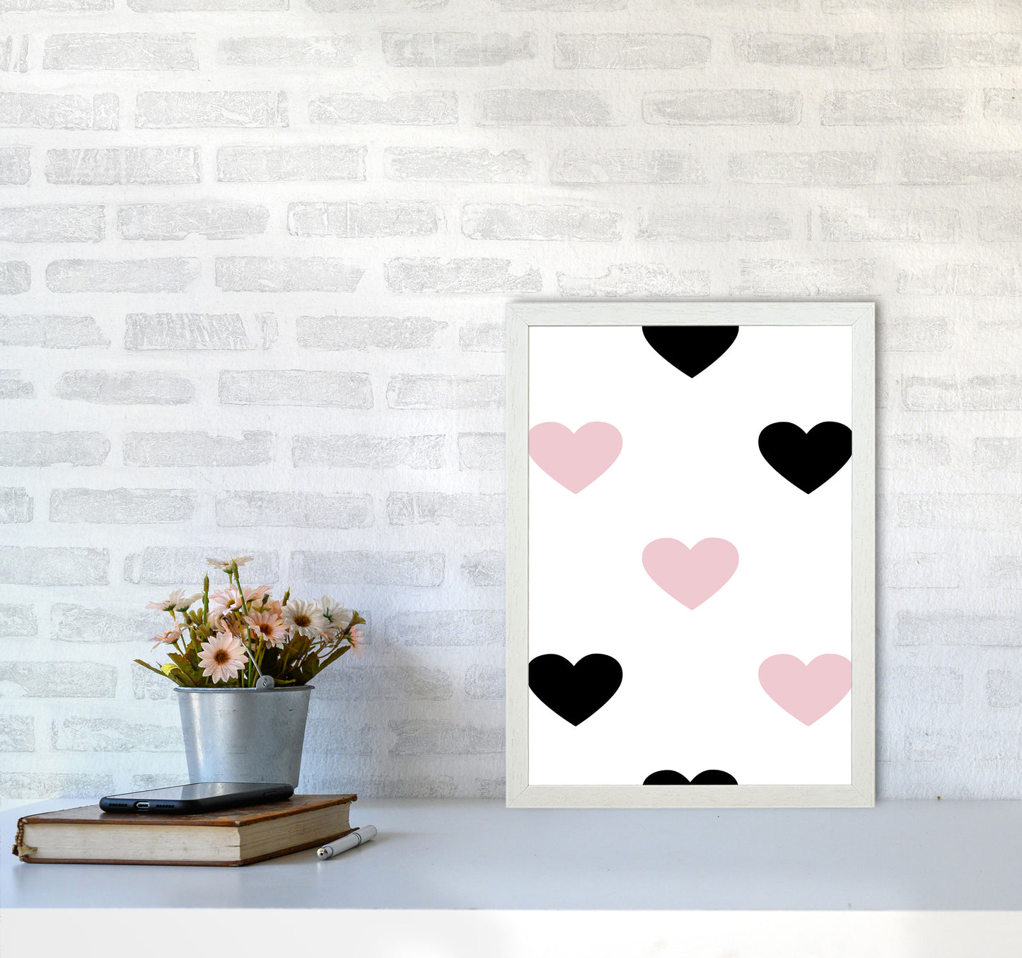 Pink And Black Hearts Modern Print A3 Oak Frame
