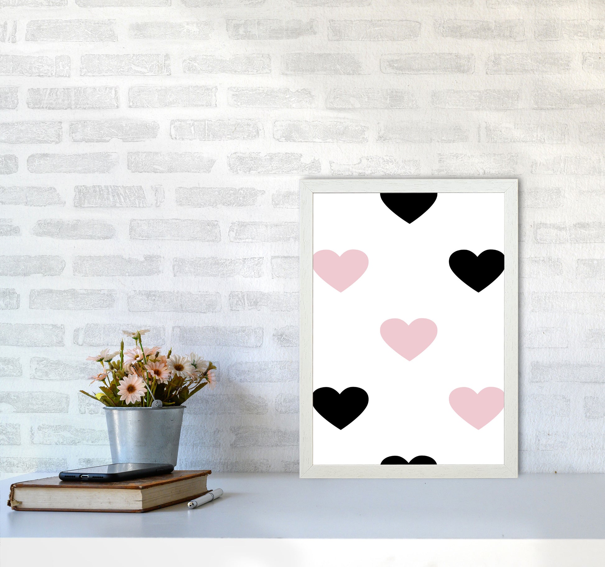 Pink And Black Hearts Modern Print A3 Oak Frame