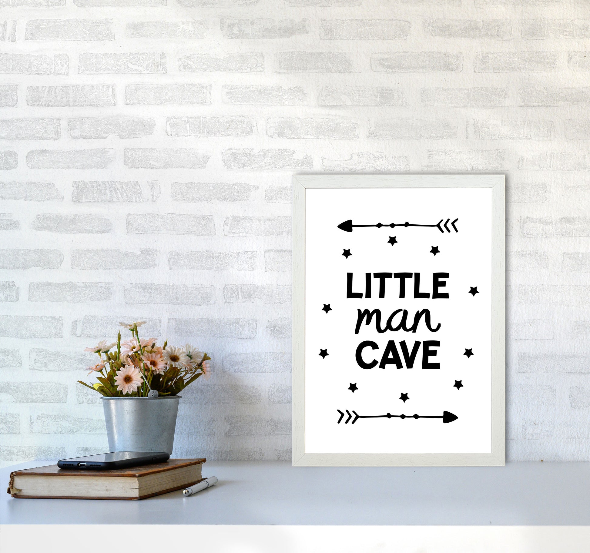 Little Man Cave Black Arrows Framed Nursey Wall Art Print A3 Oak Frame