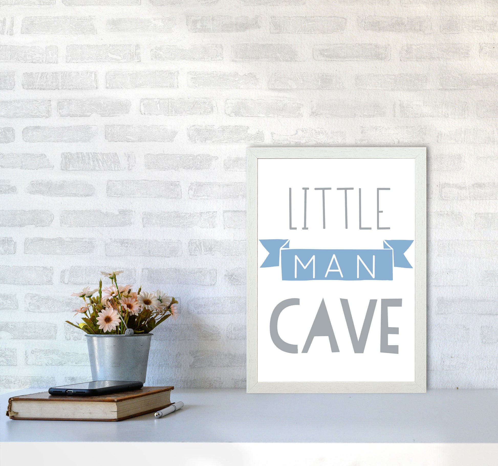 Little Man Cave Blue Banner Framed Nursey Wall Art Print A3 Oak Frame