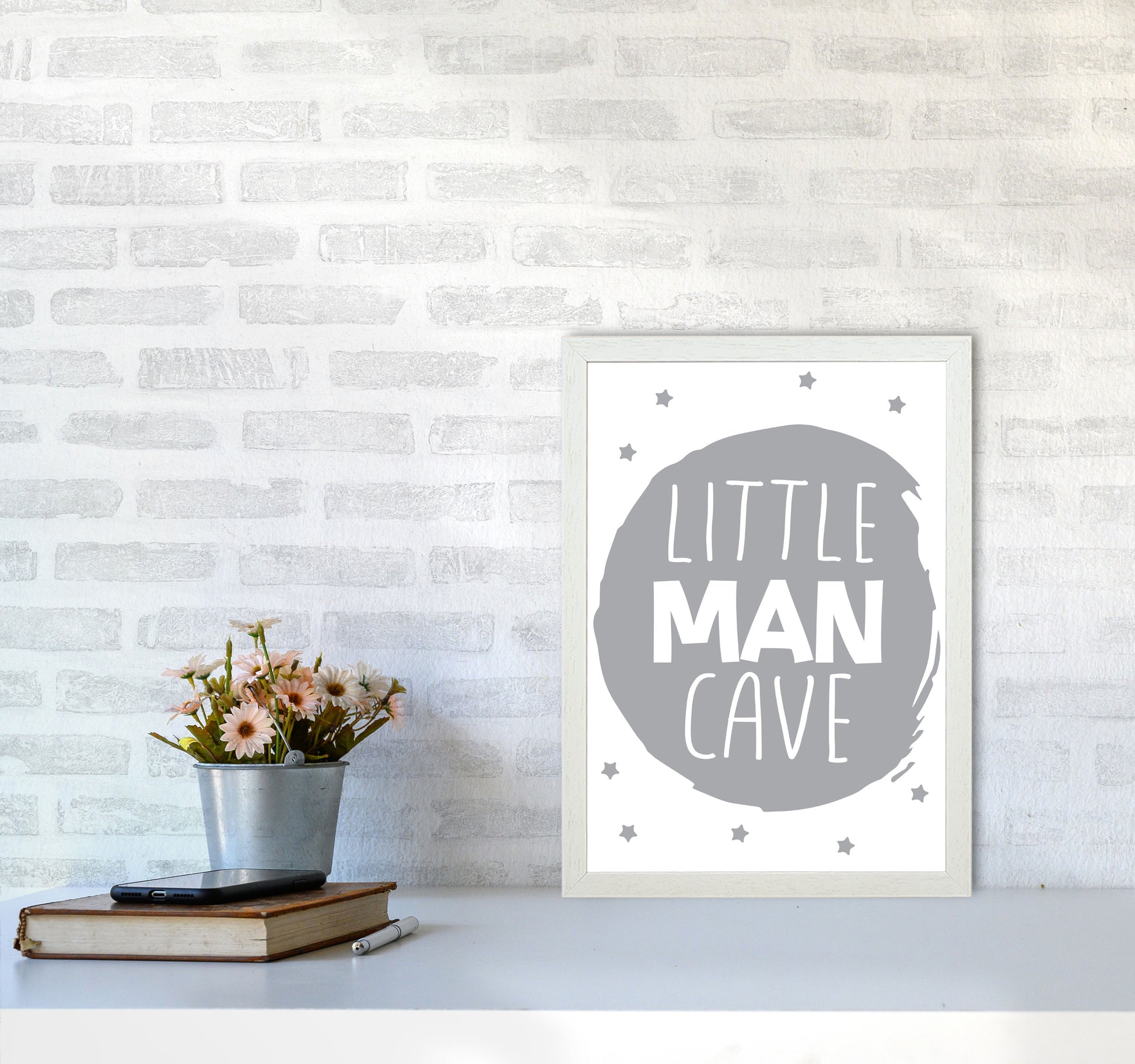 Little Man Cave Grey Circle Framed Nursey Wall Art Print A3 Oak Frame