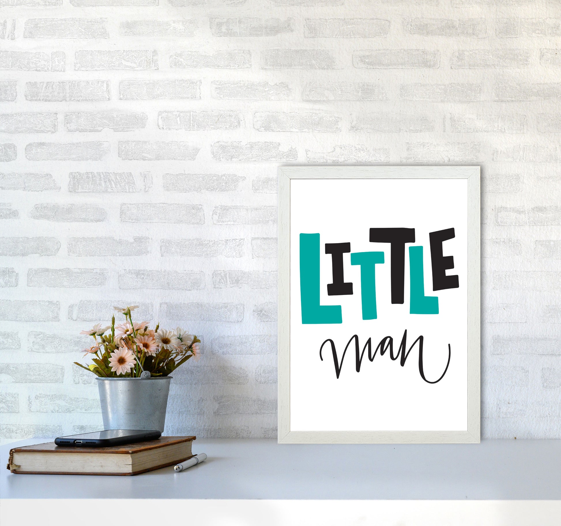 Little Man Teal And Black Framed Nursey Wall Art Print A3 Oak Frame