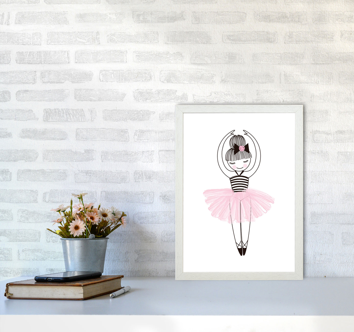 Girl&#39;s Ballerina Drawing Multi Set Illustration Wall Art Poster Print A3 Oak Frame