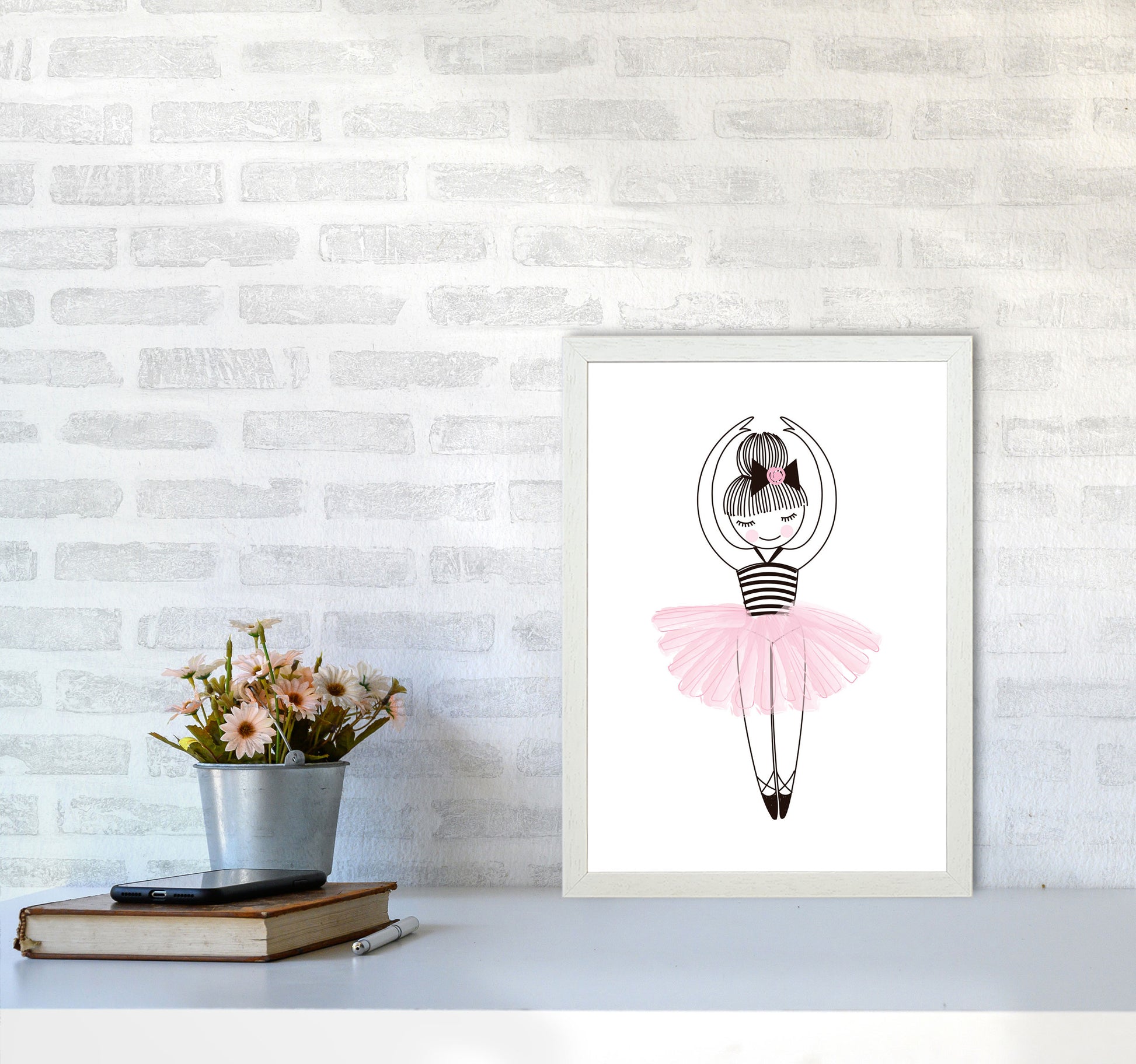 Girl&#39;s Ballerina Drawing Multi Set Illustration Wall Art Poster Print A3 Oak Frame