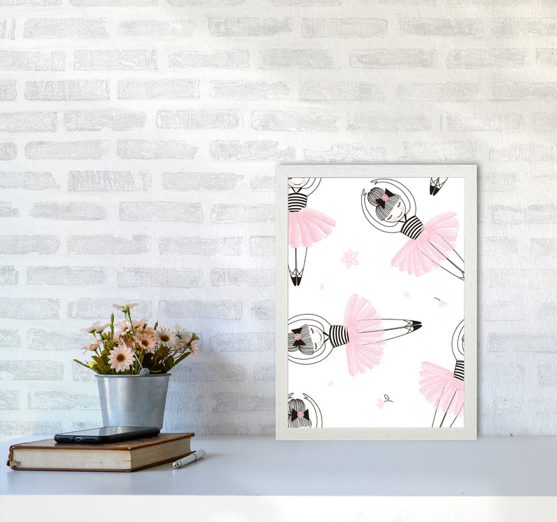 Ballerina Repeat Pattern Framed Nursey Wall Art Print A3 Oak Frame