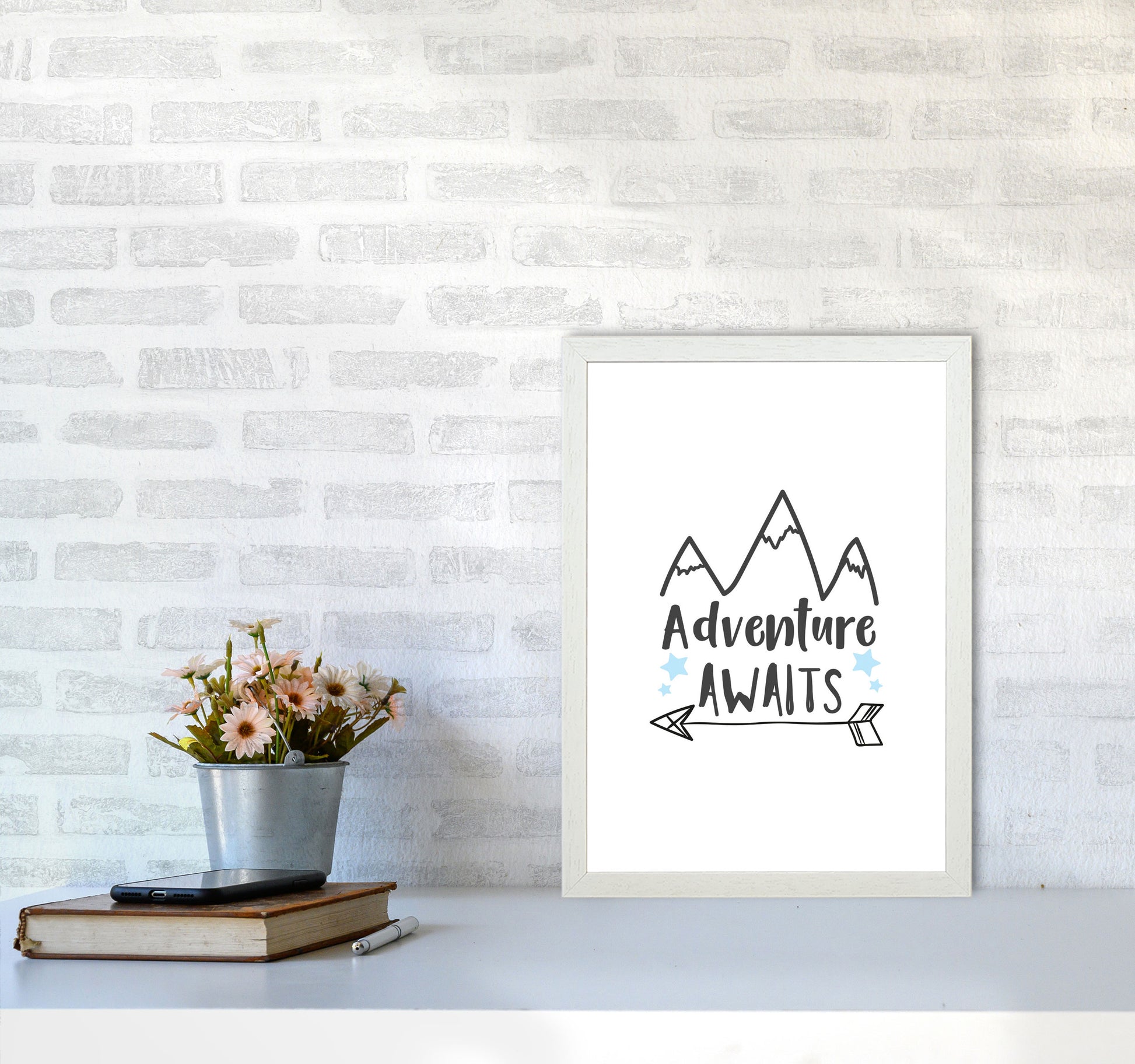 Adventure Awaits Framed Typography Wall Art Print A3 Oak Frame