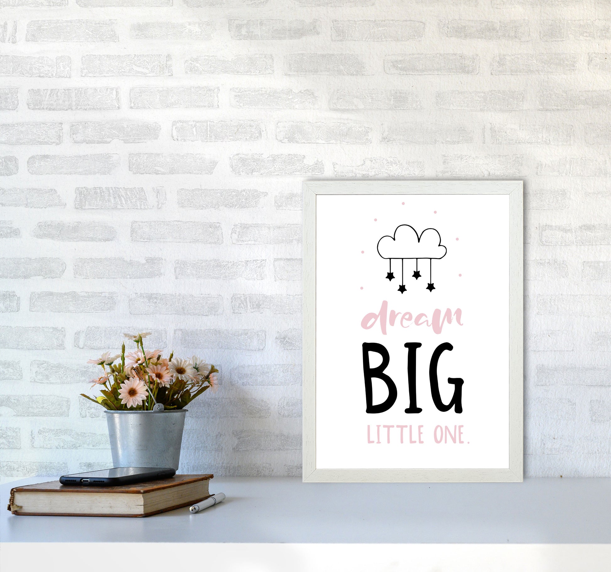 Dream Big Little One Pink And Black Framed Nursey Wall Art Print A3 Oak Frame
