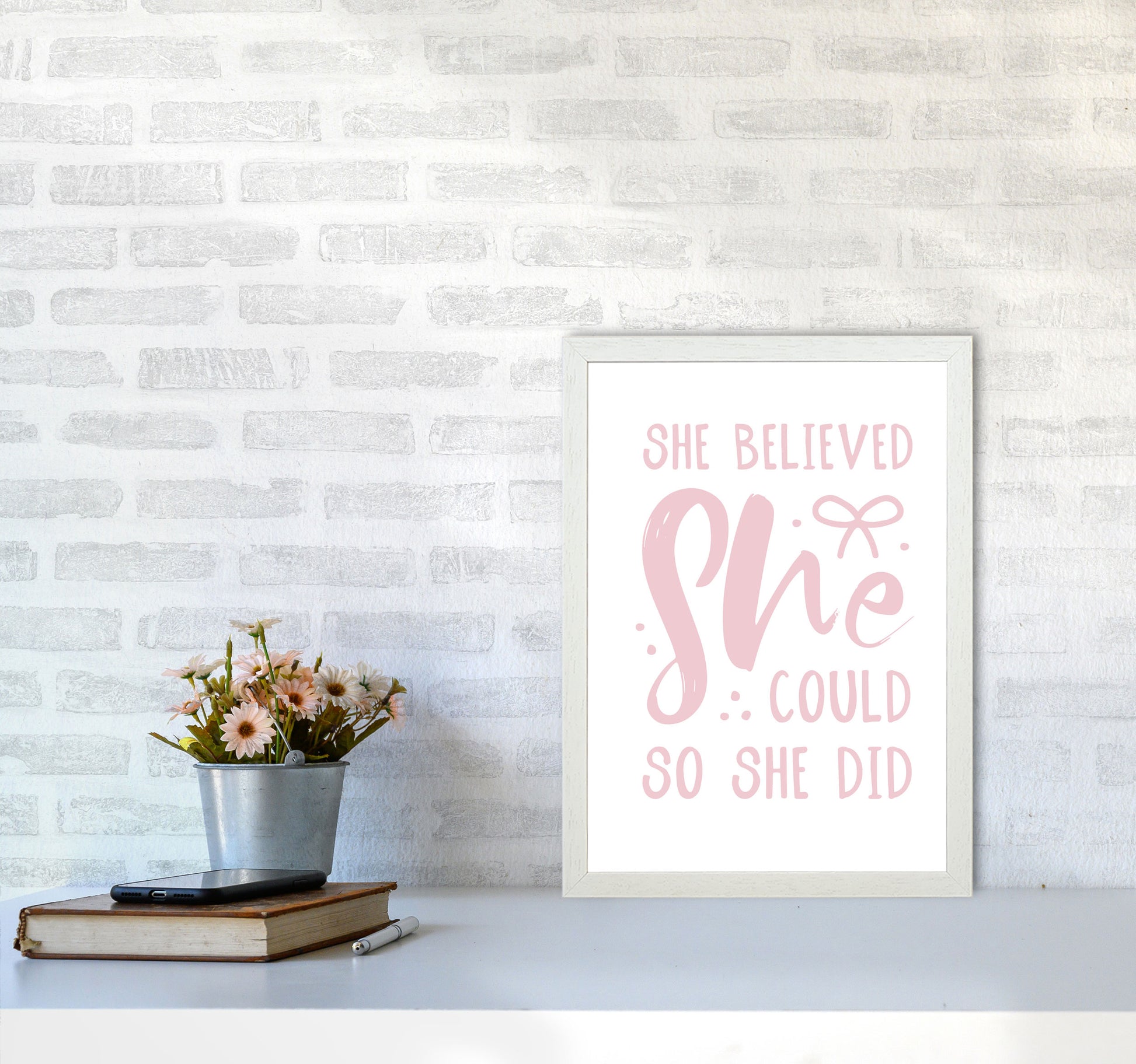 She Believed She Could So She Did Baby Pink Modern Print A3 Oak Frame