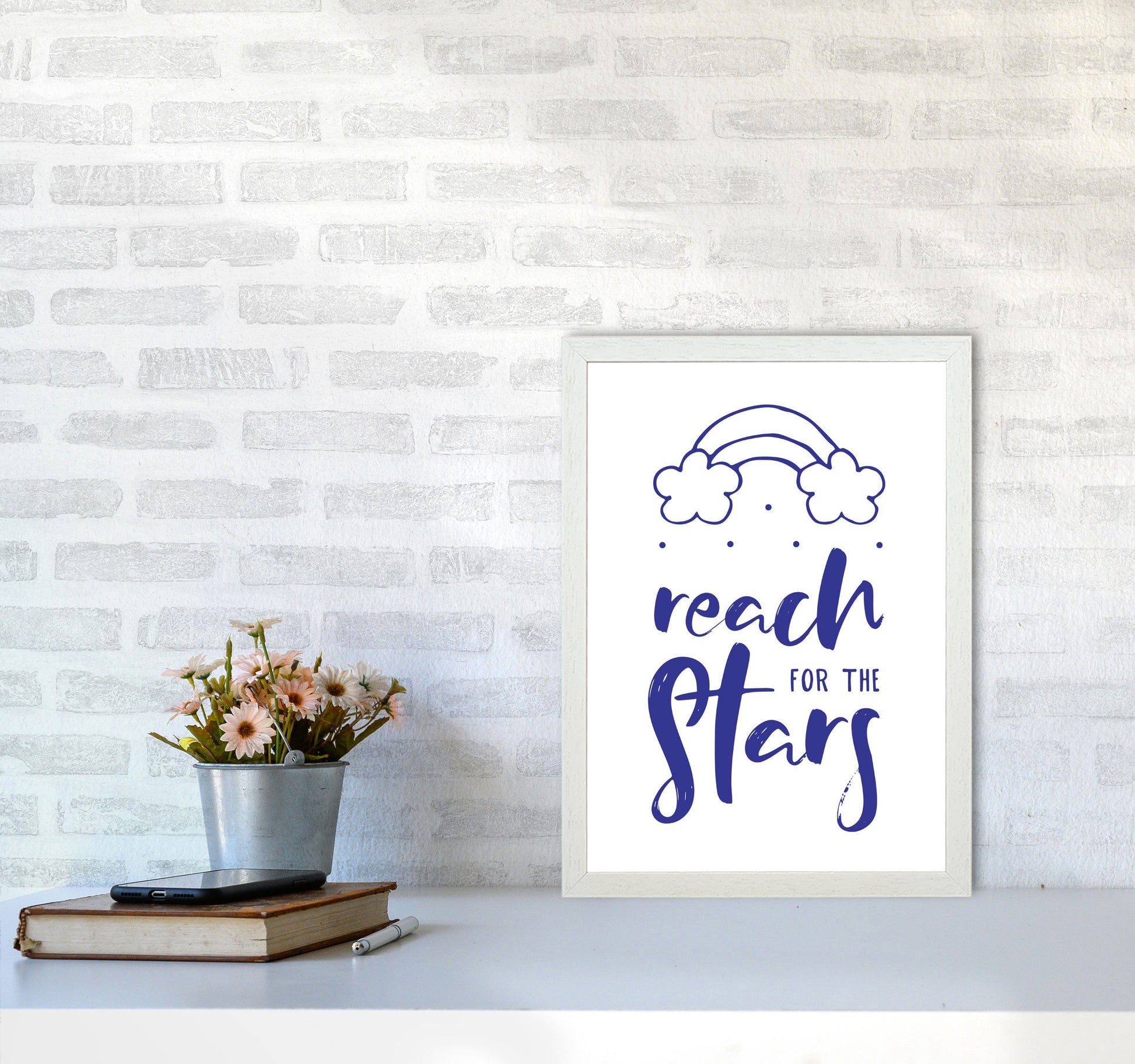 Reach For The Stars Navy Modern Print A3 Oak Frame