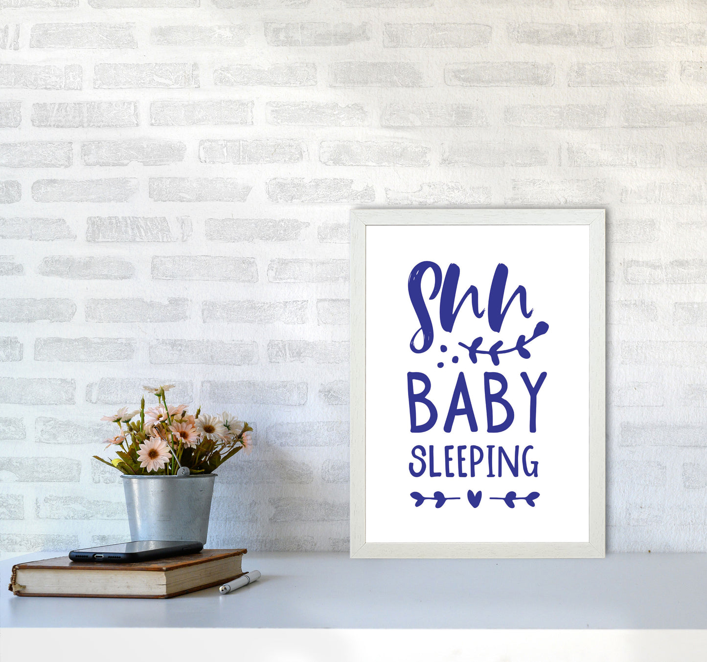 Shh Baby Sleeping Navy Framed Nursey Wall Art Print A3 Oak Frame