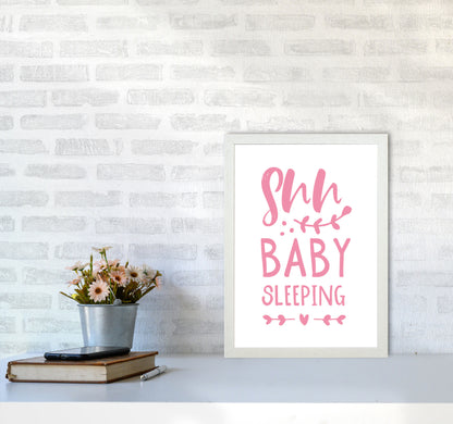 Shh Baby Sleeping Pink Framed Nursey Wall Art Print A3 Oak Frame