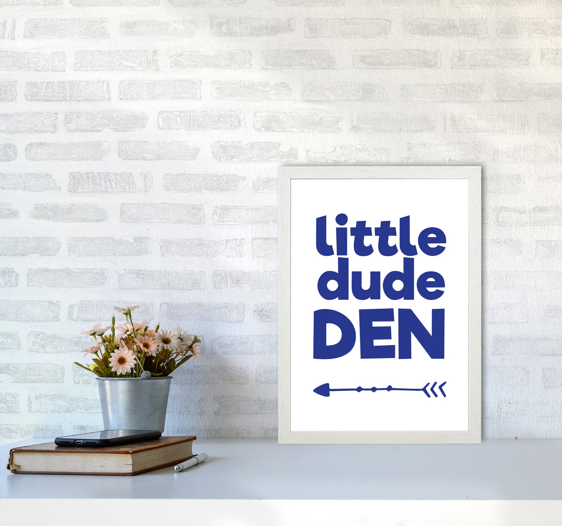 Little Dude Den Navy Framed Nursey Wall Art Print A3 Oak Frame