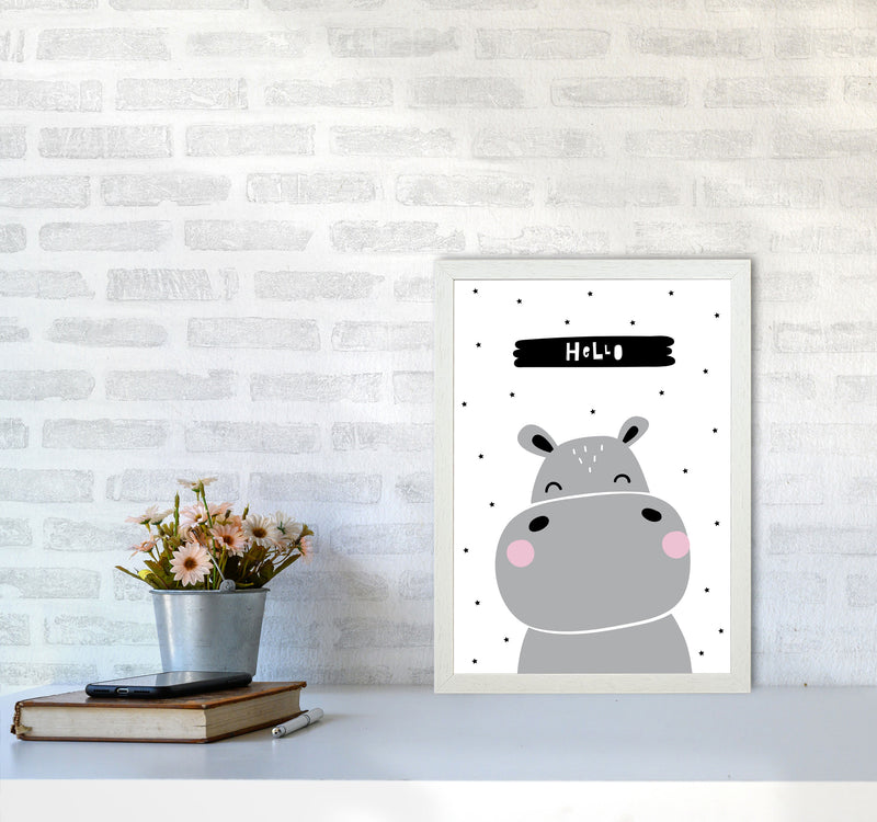 Hello Hippo Modern Print Animal Art Print A3 Oak Frame