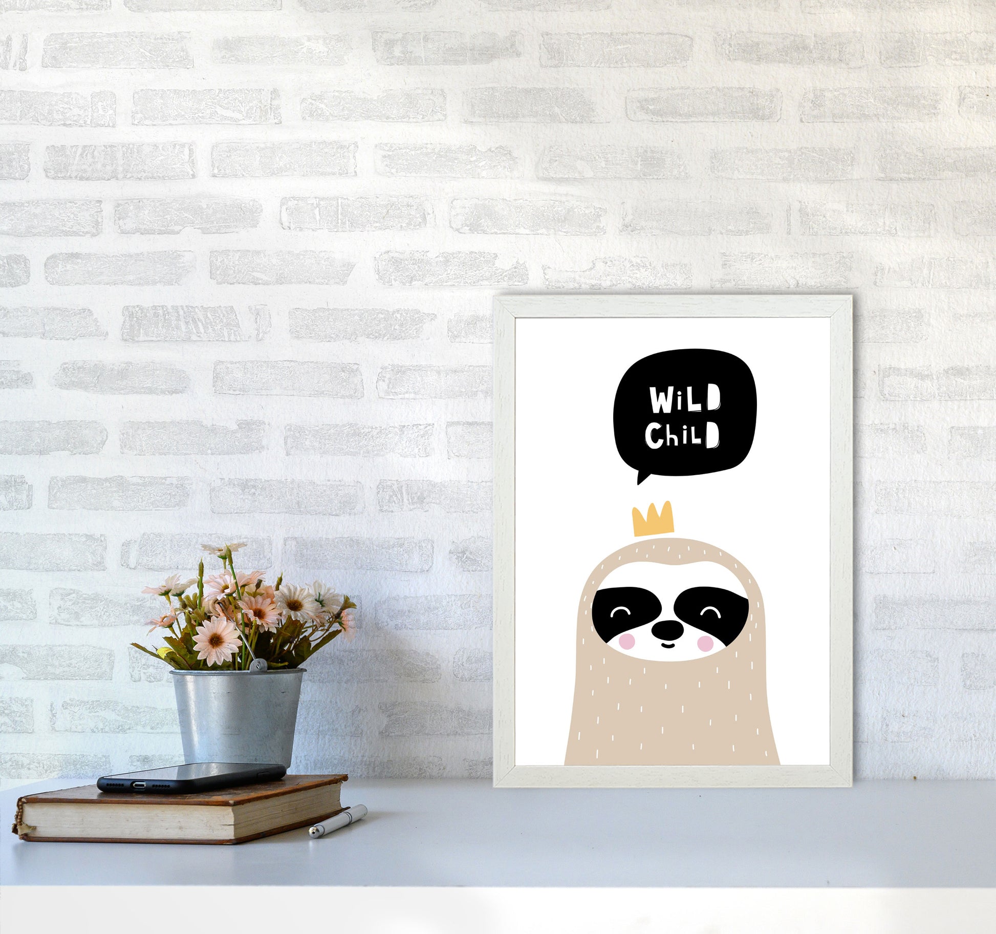 Wild Child Sloth Framed Nursey Wall Art Print A3 Oak Frame