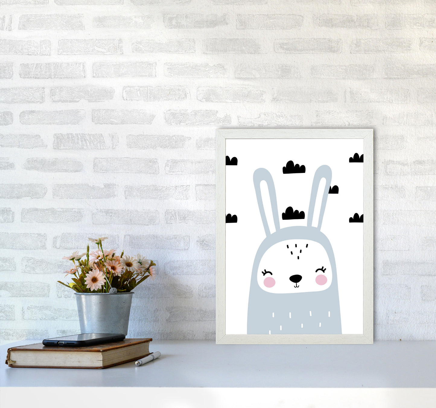 Blue Scandi Bunny With Clouds Modern Print Animal Art Print A3 Oak Frame