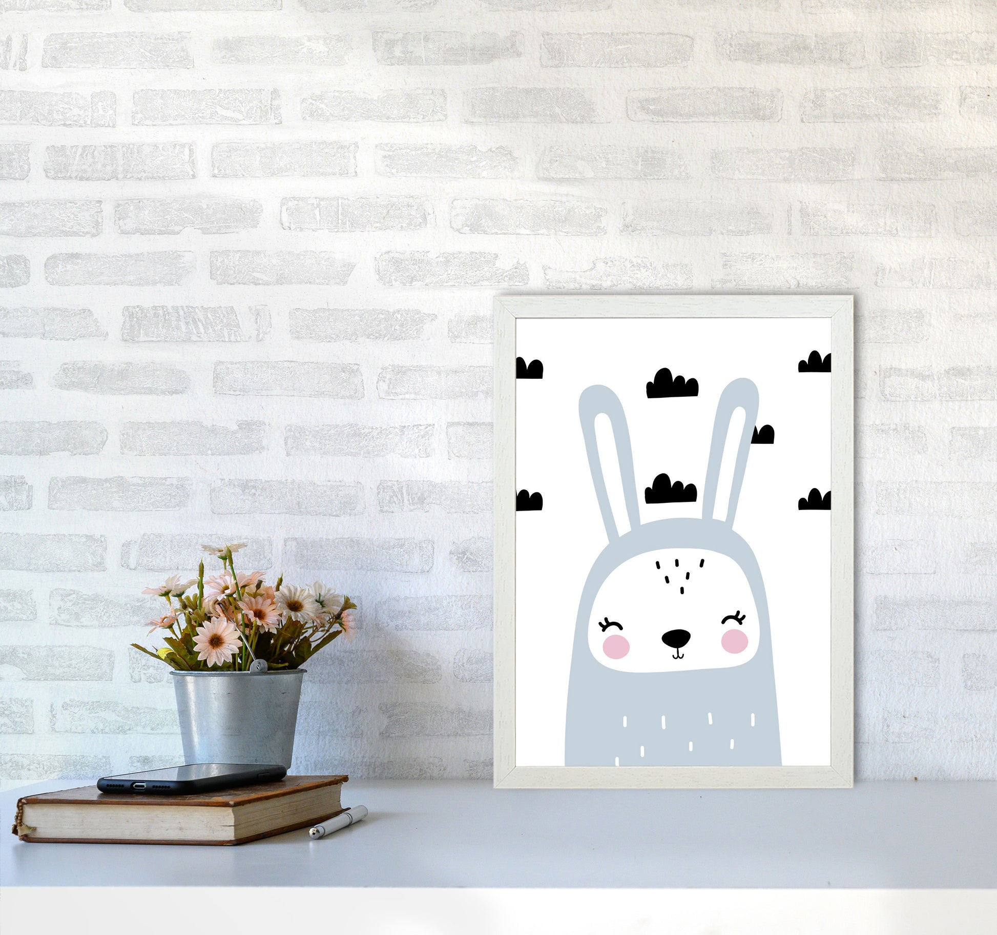 Blue Scandi Bunny With Clouds Modern Print Animal Art Print A3 Oak Frame
