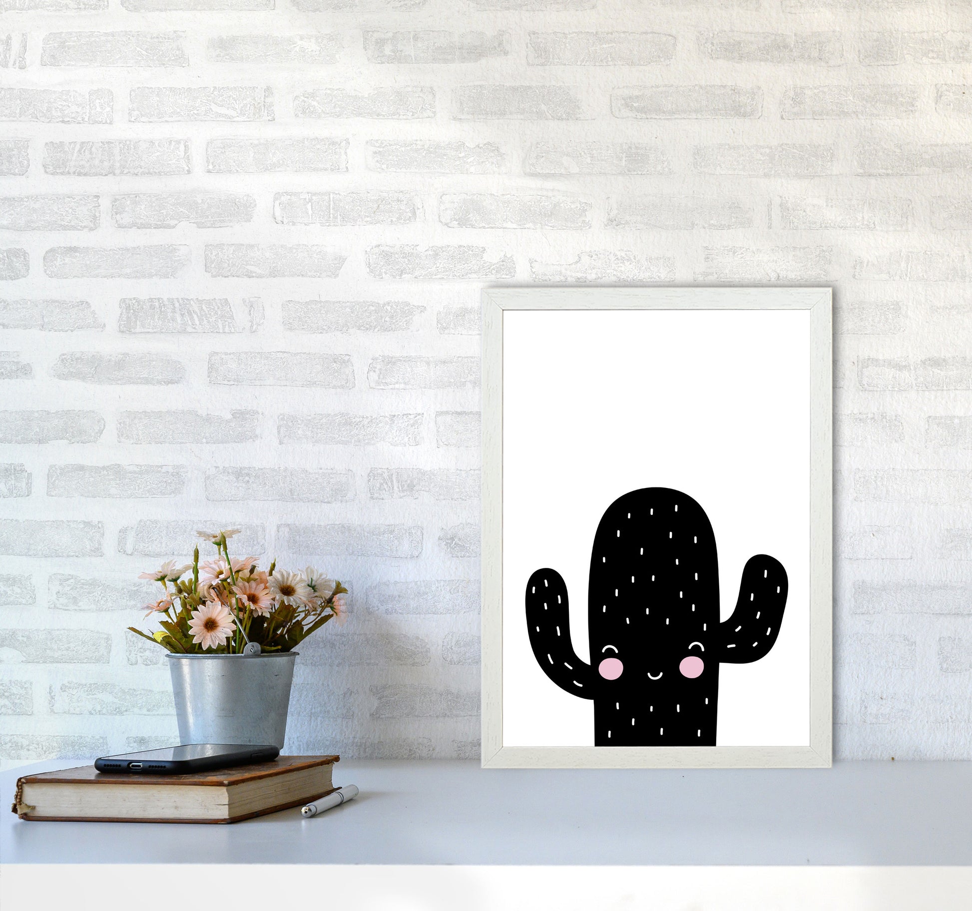 Black Scandi Cactus Modern Print, Framed Botanical & Nature Art Print A3 Oak Frame