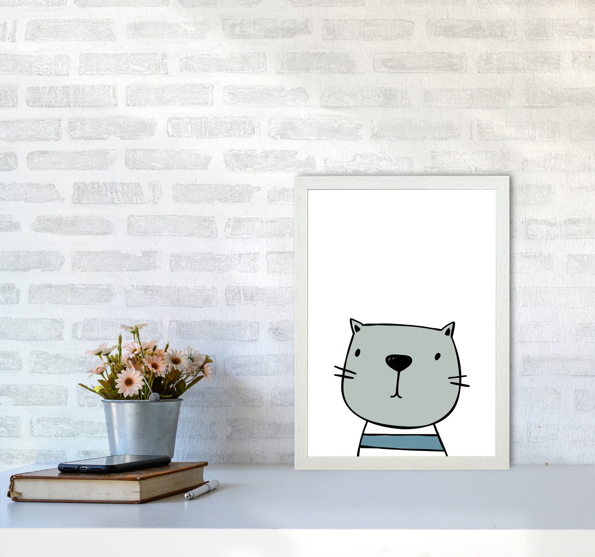 Cat Modern Print Animal Art Print A3 Oak Frame