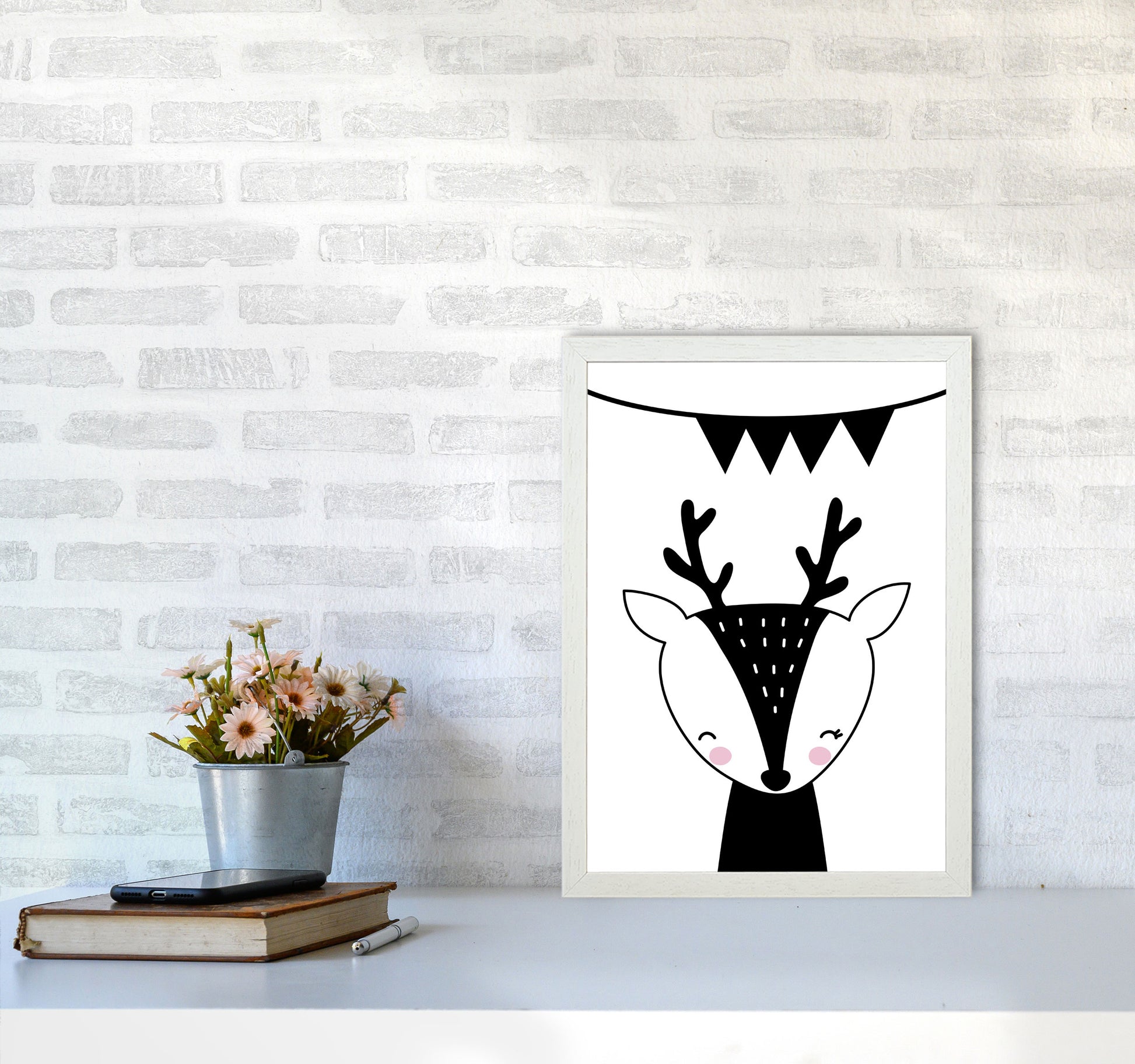 Scandi Black Deer With Banner Framed Nursey Wall Art Print A3 Oak Frame