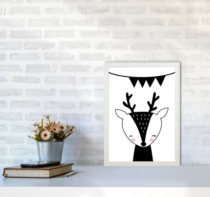 Scandi Black Deer With Banner Framed Nursey Wall Art Print A3 Oak Frame