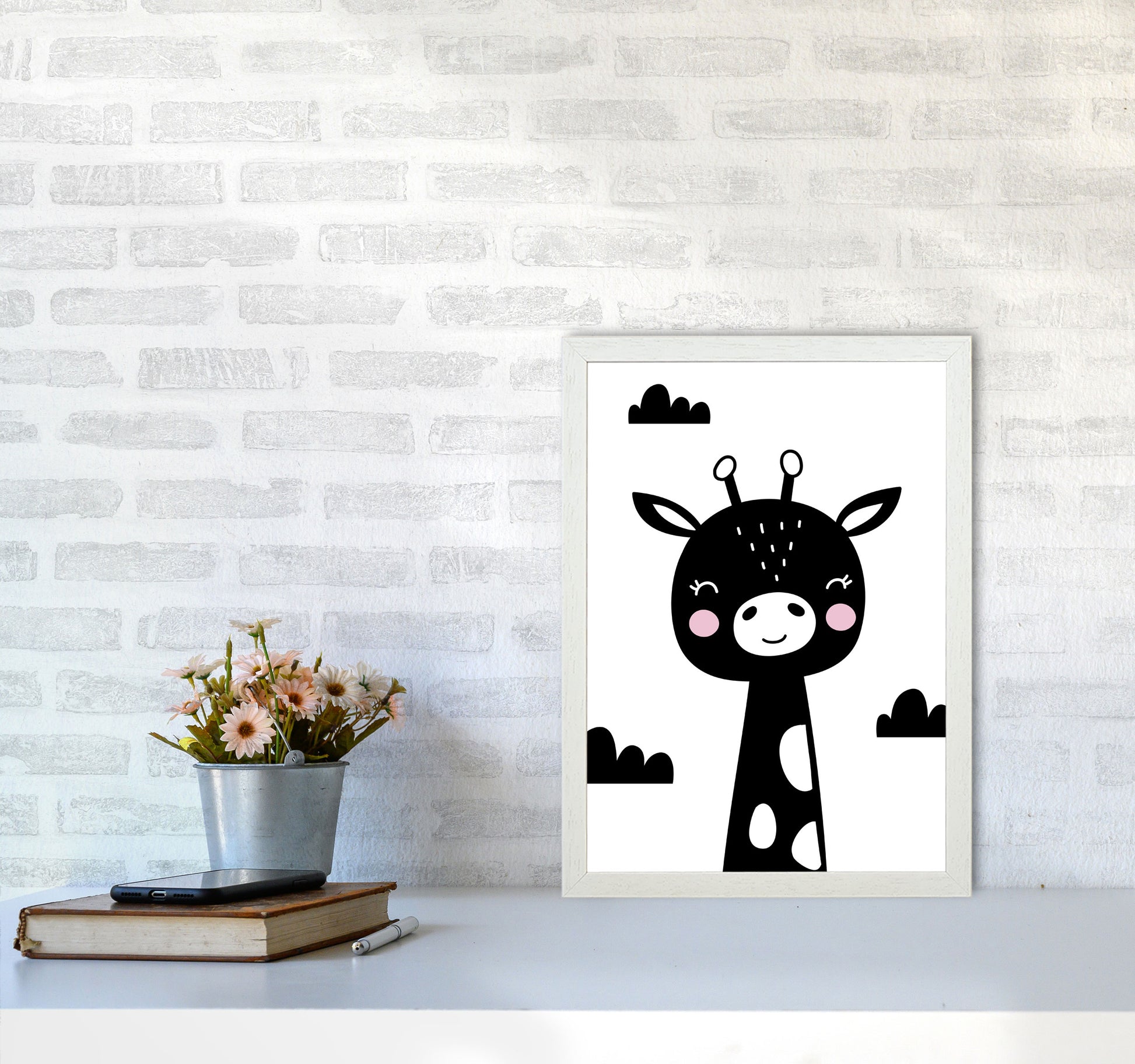 Scandi Black Giraffe Framed Nursey Wall Art Print A3 Oak Frame