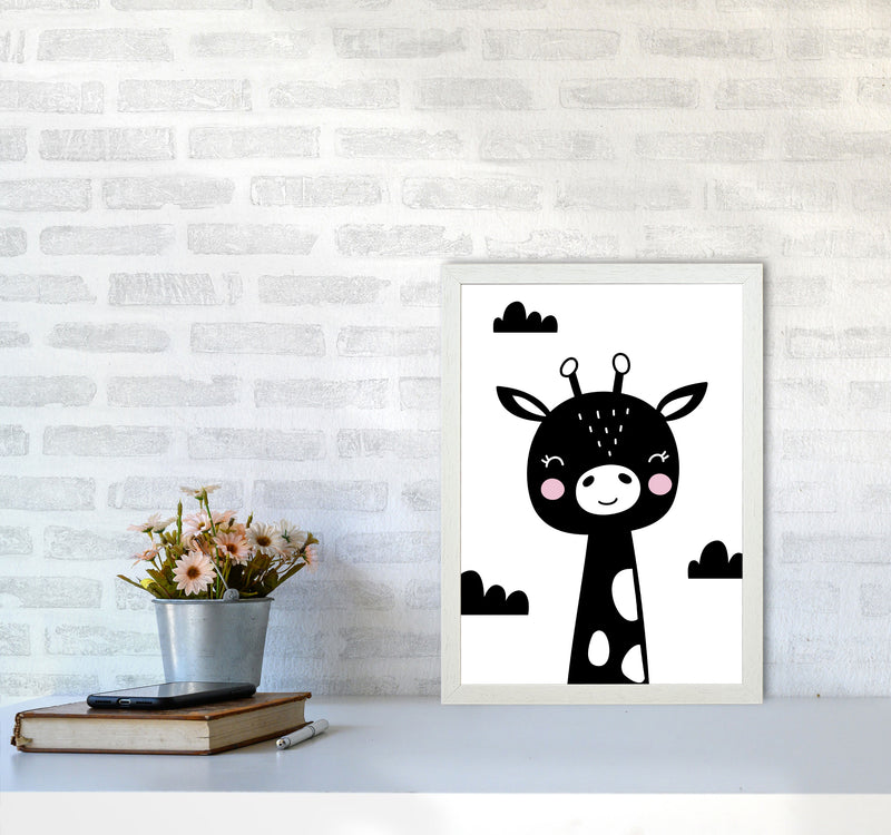 Scandi Black Giraffe Framed Nursey Wall Art Print A3 Oak Frame