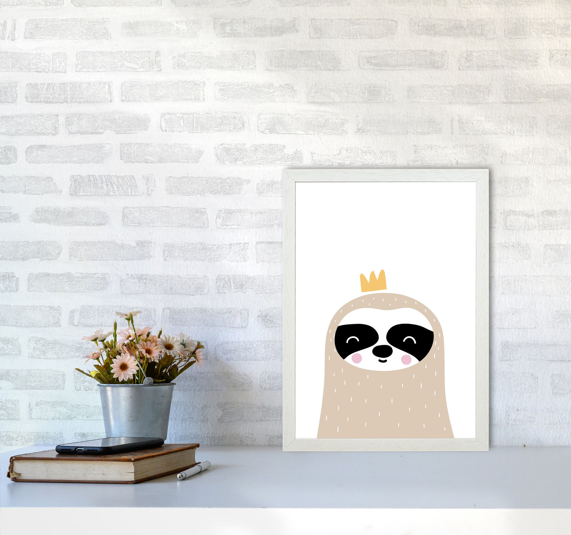 Scandi Sloth With Crown Framed Nursey Wall Art Print A3 Oak Frame