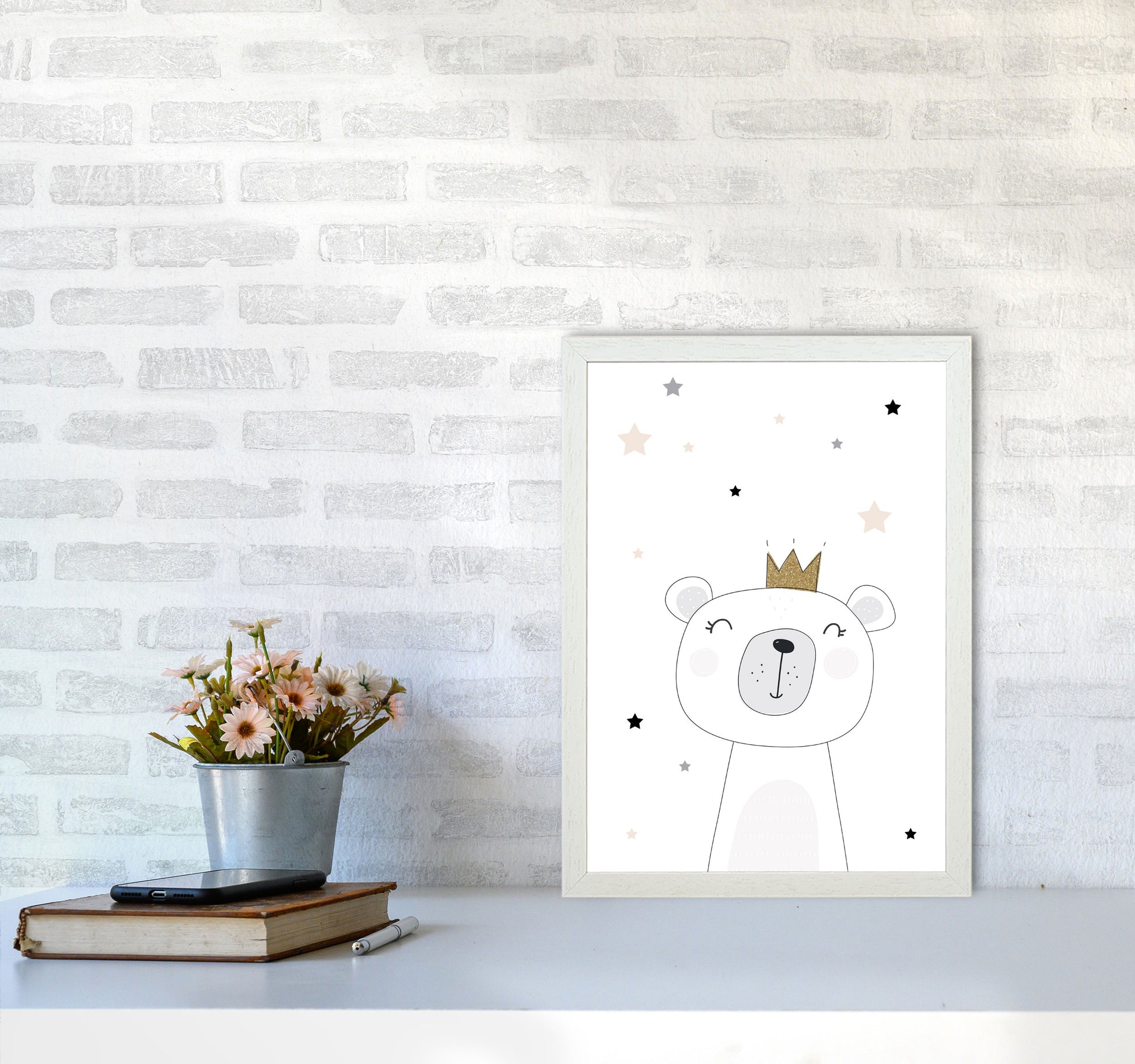 Scandi Cute Bear With Crown And Stars Print, Framed Childrens Wall Art A3 Oak Frame