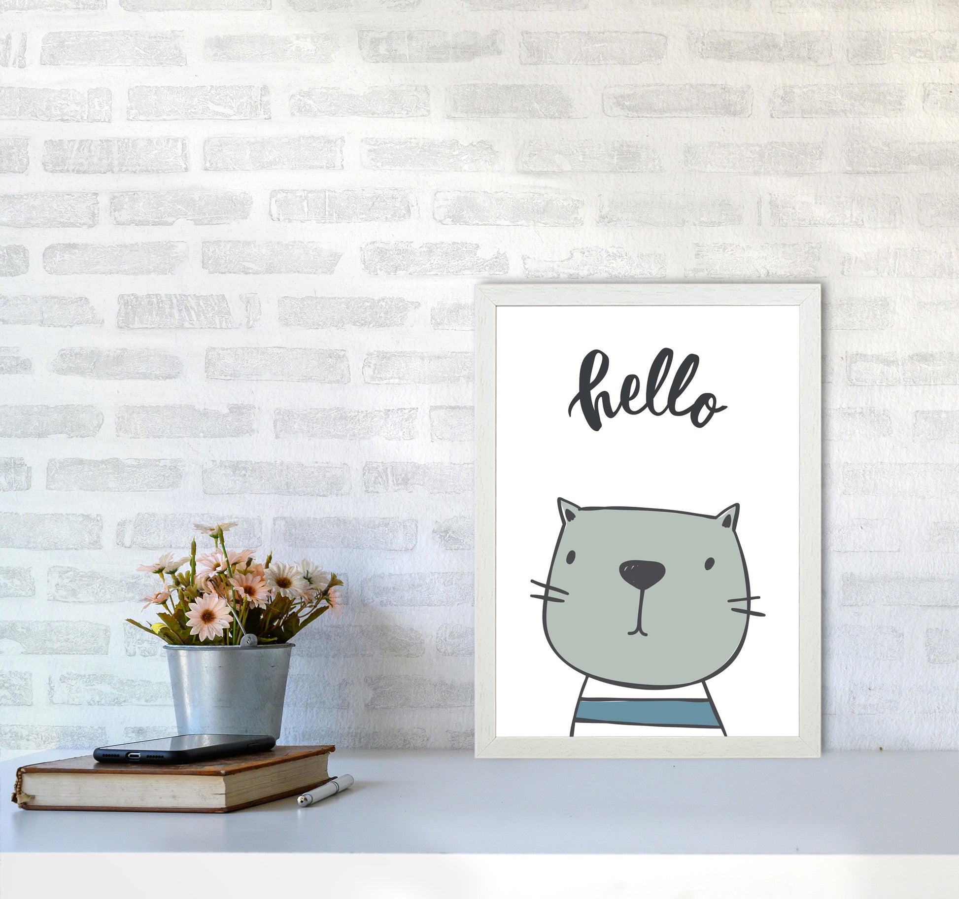 Hello Cat Modern Print Animal Art Print A3 Oak Frame