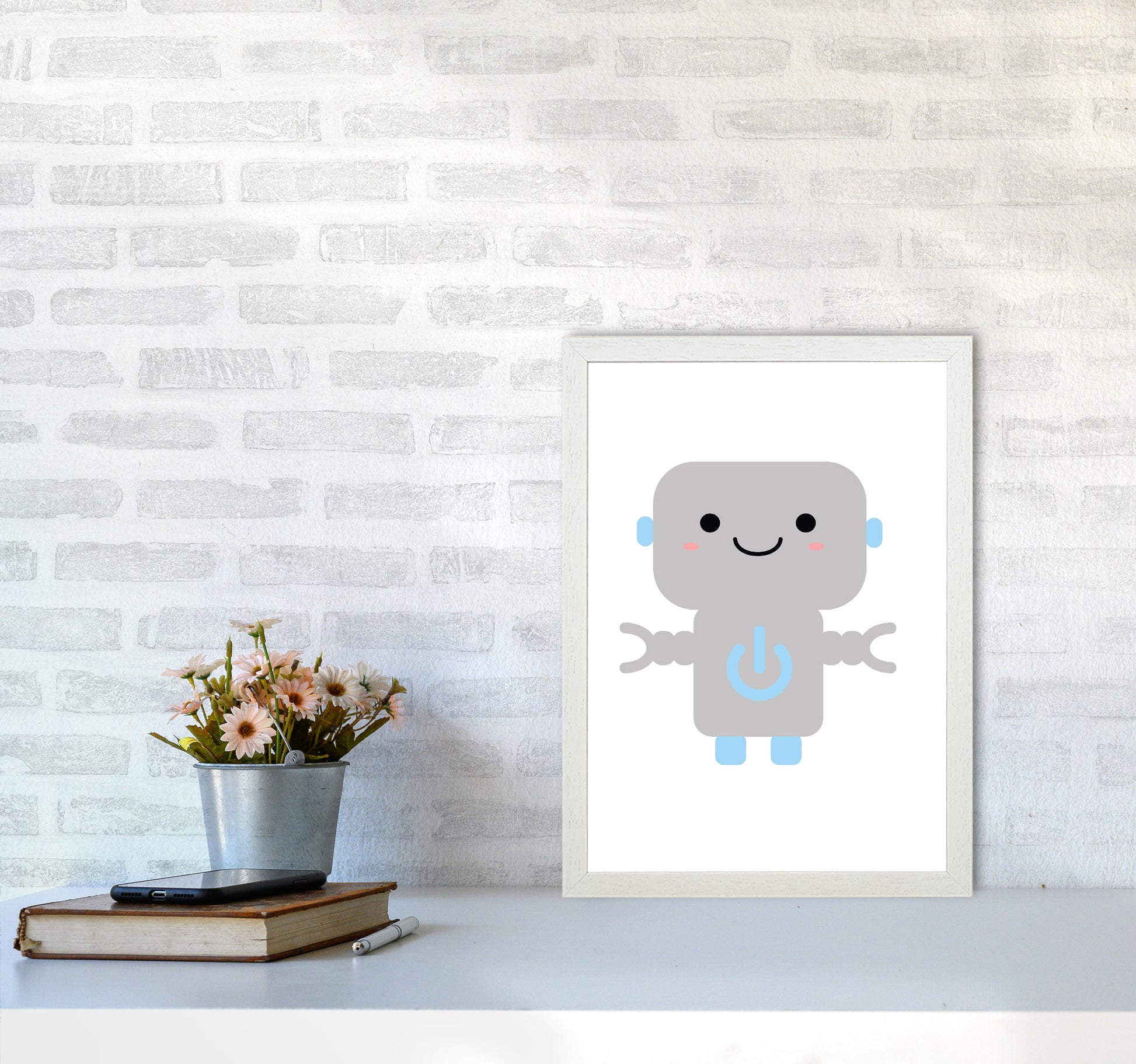 Robot Framed Nursey Wall Art Print A3 Oak Frame
