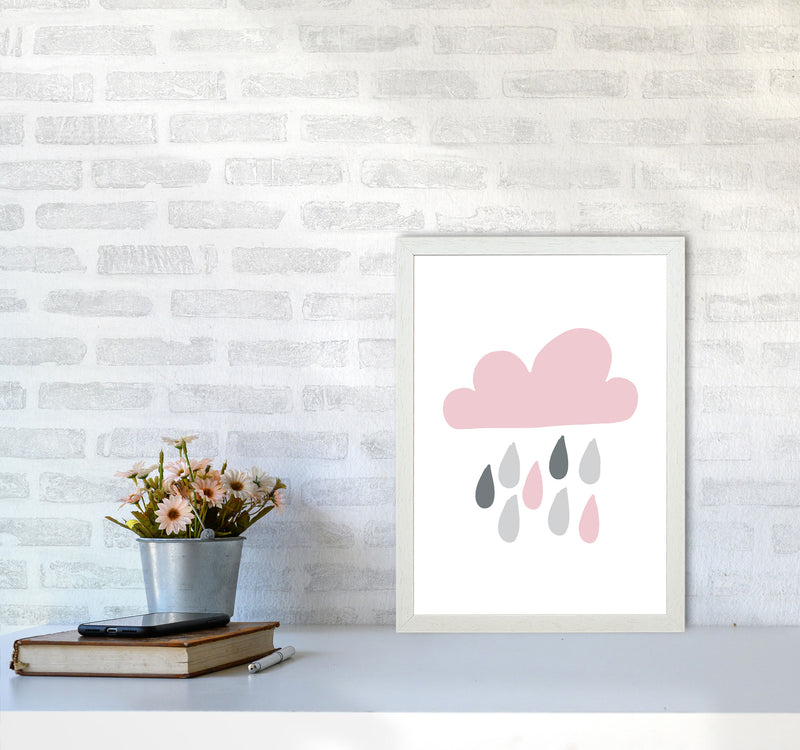 Pink And Grey Rain Cloud Framed Nursey Wall Art Print A3 Oak Frame