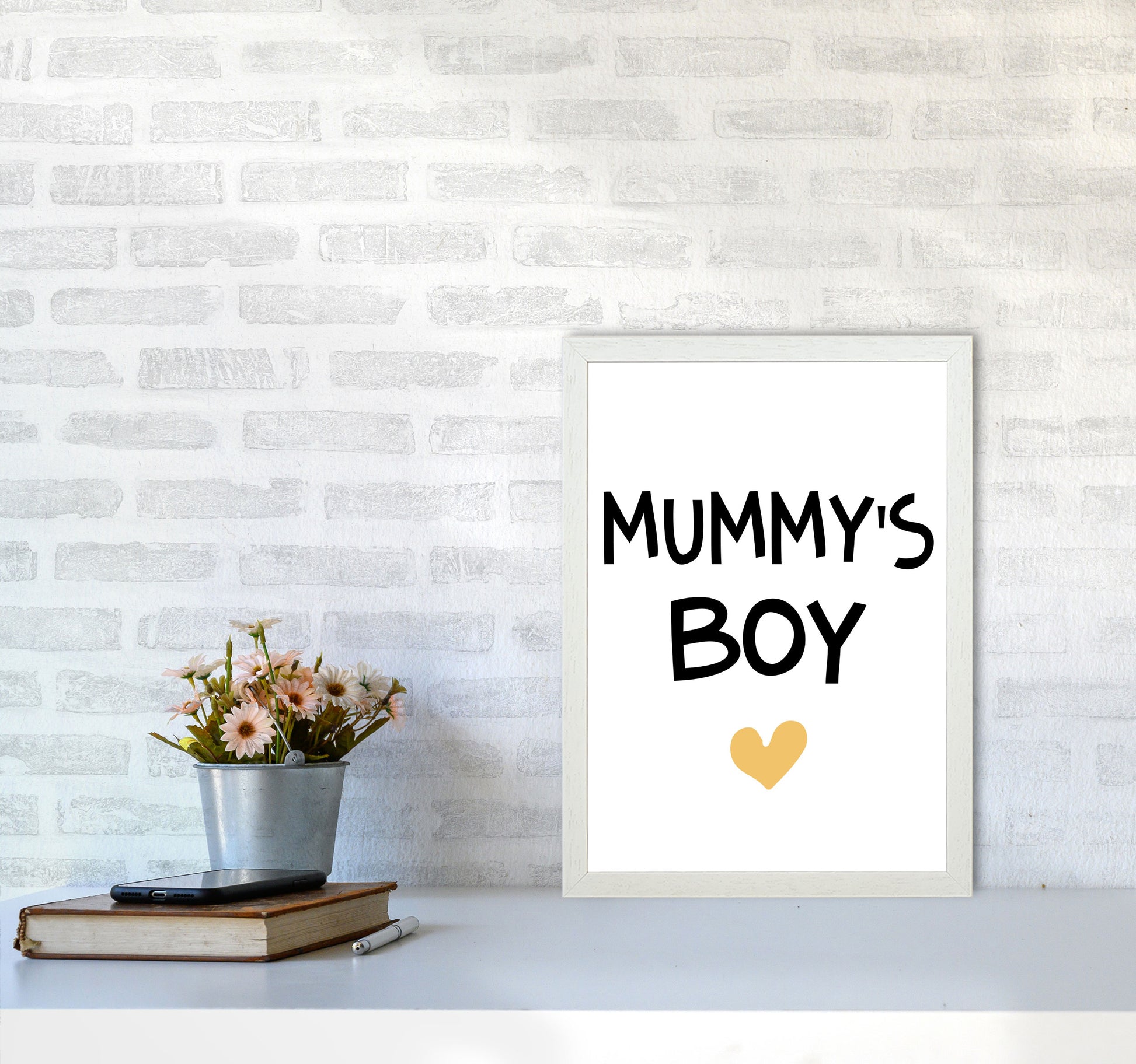 Mummy&#39;s Boy Mustard Framed Nursey Wall Art Print A3 Oak Frame