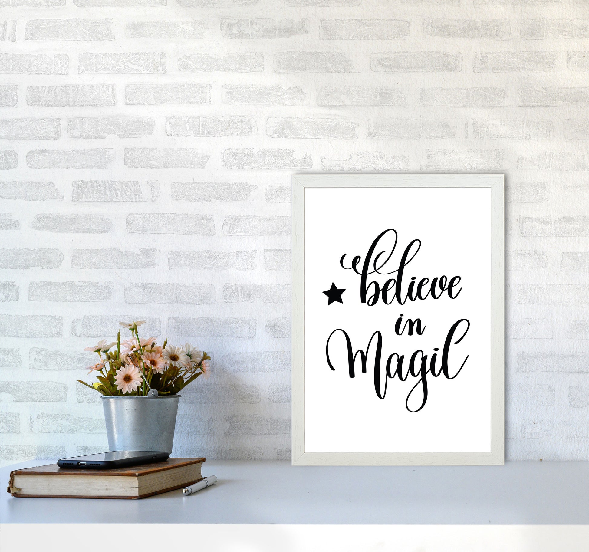 Believe In Magic Black Framed Typography Wall Art Print A3 Oak Frame