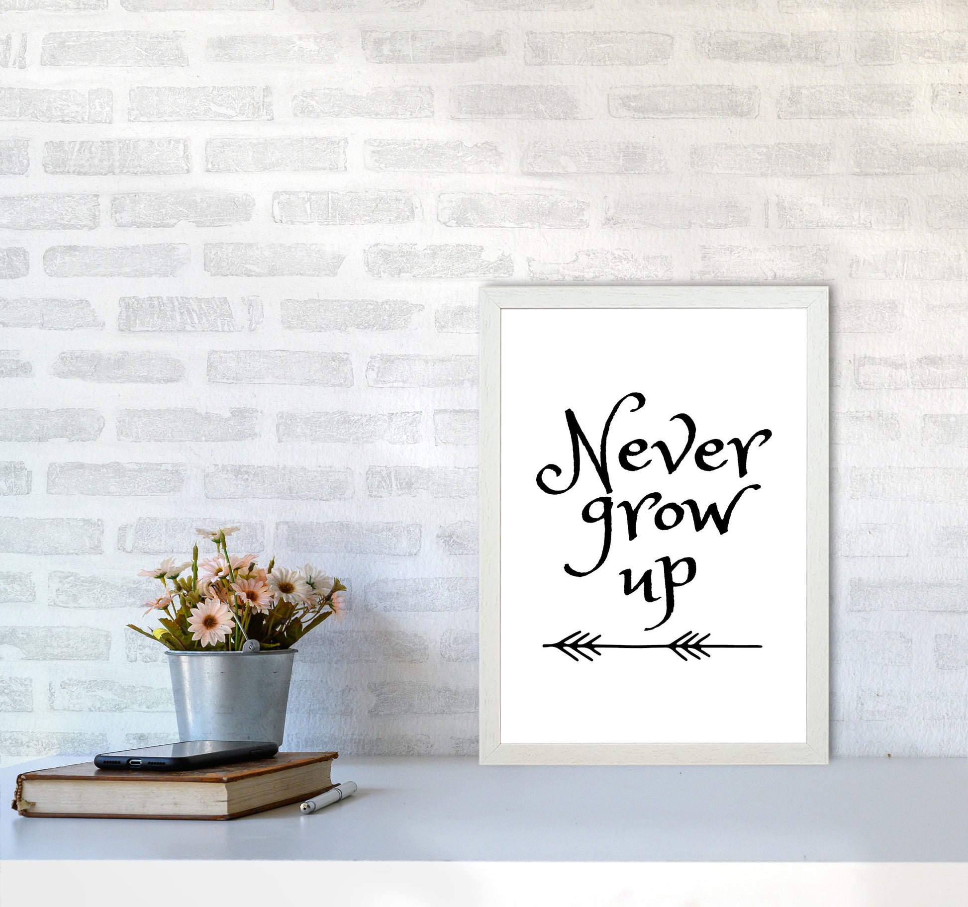Never Grow Up Black Framed Nursey Wall Art Print A3 Oak Frame