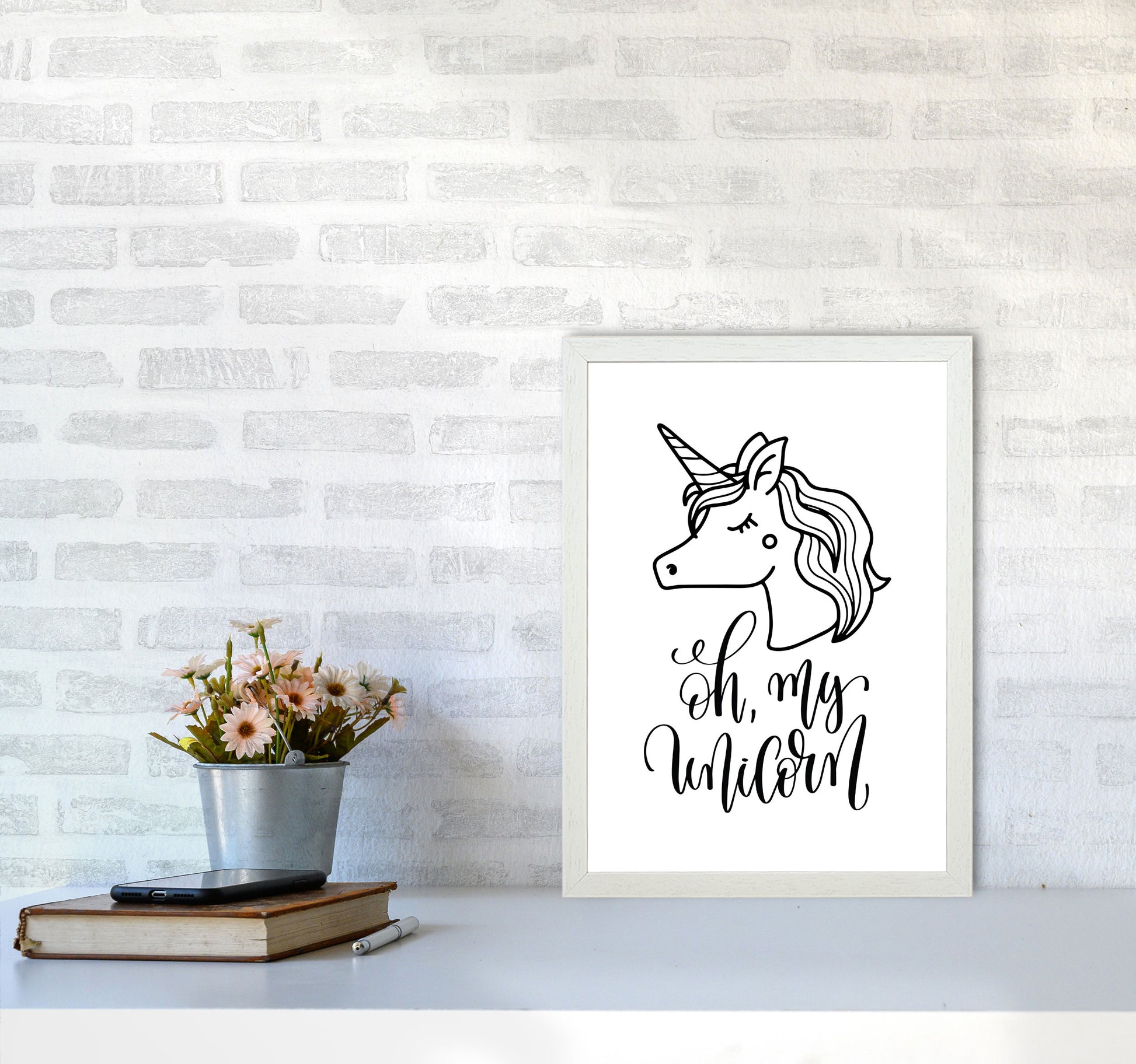 Oh My Unicorn Black Framed Nursey Wall Art Print A3 Oak Frame