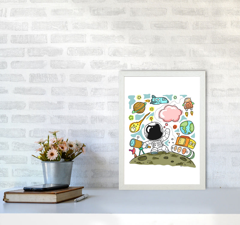 Space Illustration Framed Nursey Wall Art Print A3 Oak Frame