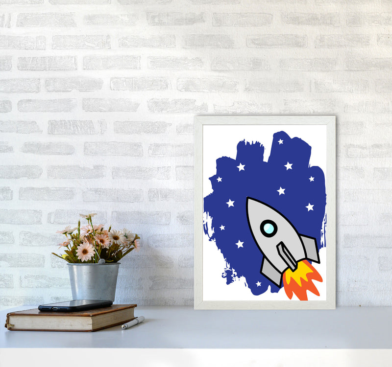 Space Rocket Framed Nursey Wall Art Print A3 Oak Frame
