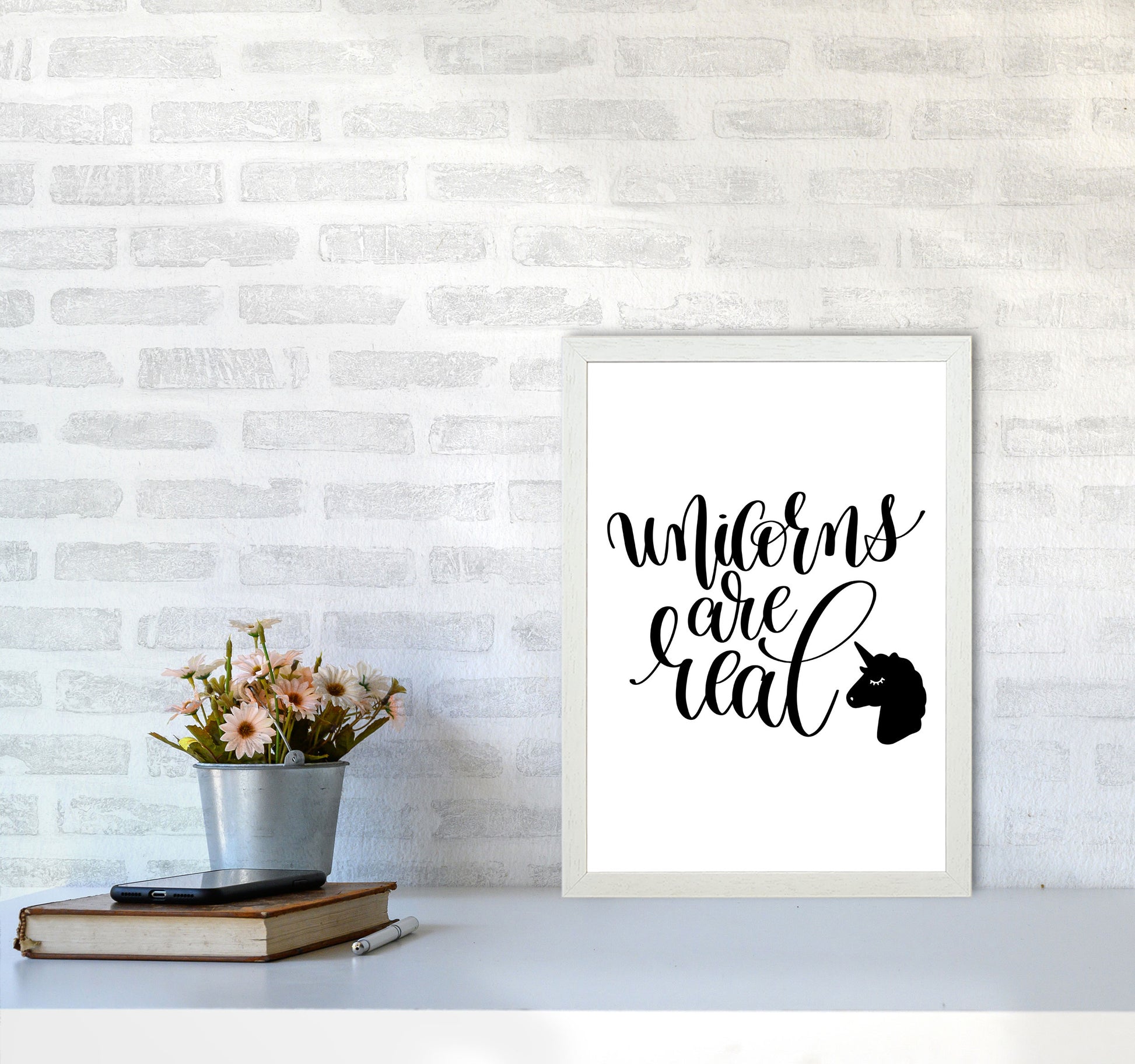 Unicorns Are Real Black Framed Nursey Wall Art Print A3 Oak Frame