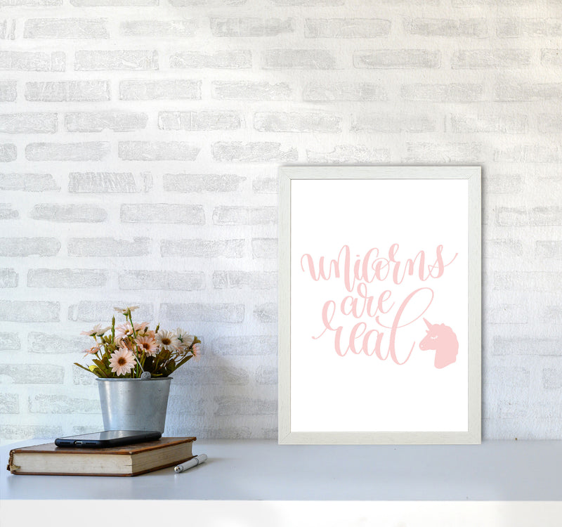 Unicorns Are Real Pink Modern Art Print, Framed Childrens Nursey Poster A3 Oak Frame