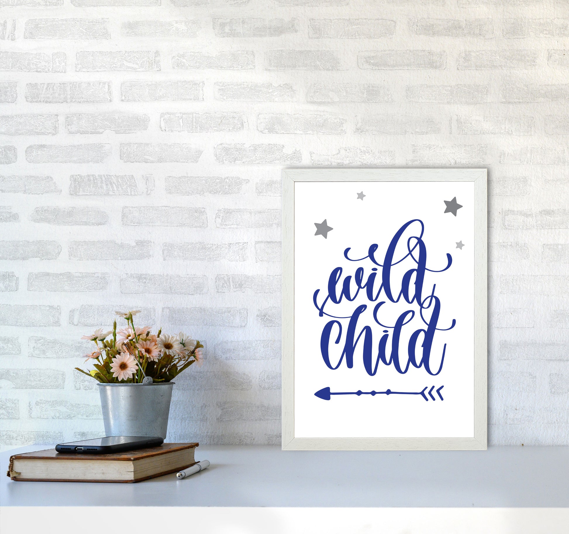 Wild Child Navy Framed Nursey Wall Art Print A3 Oak Frame