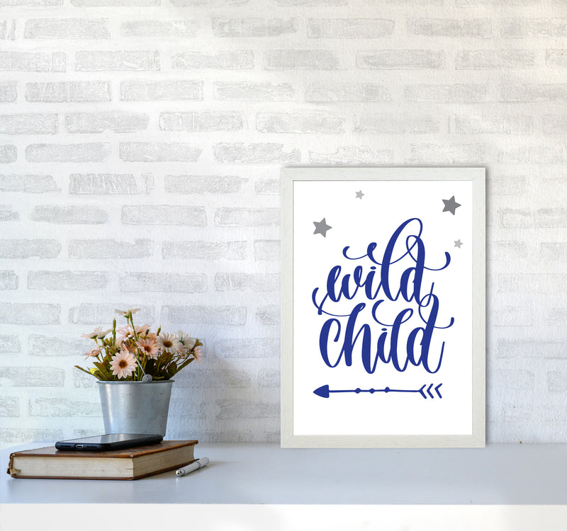Wild Child Navy Framed Nursey Wall Art Print A3 Oak Frame