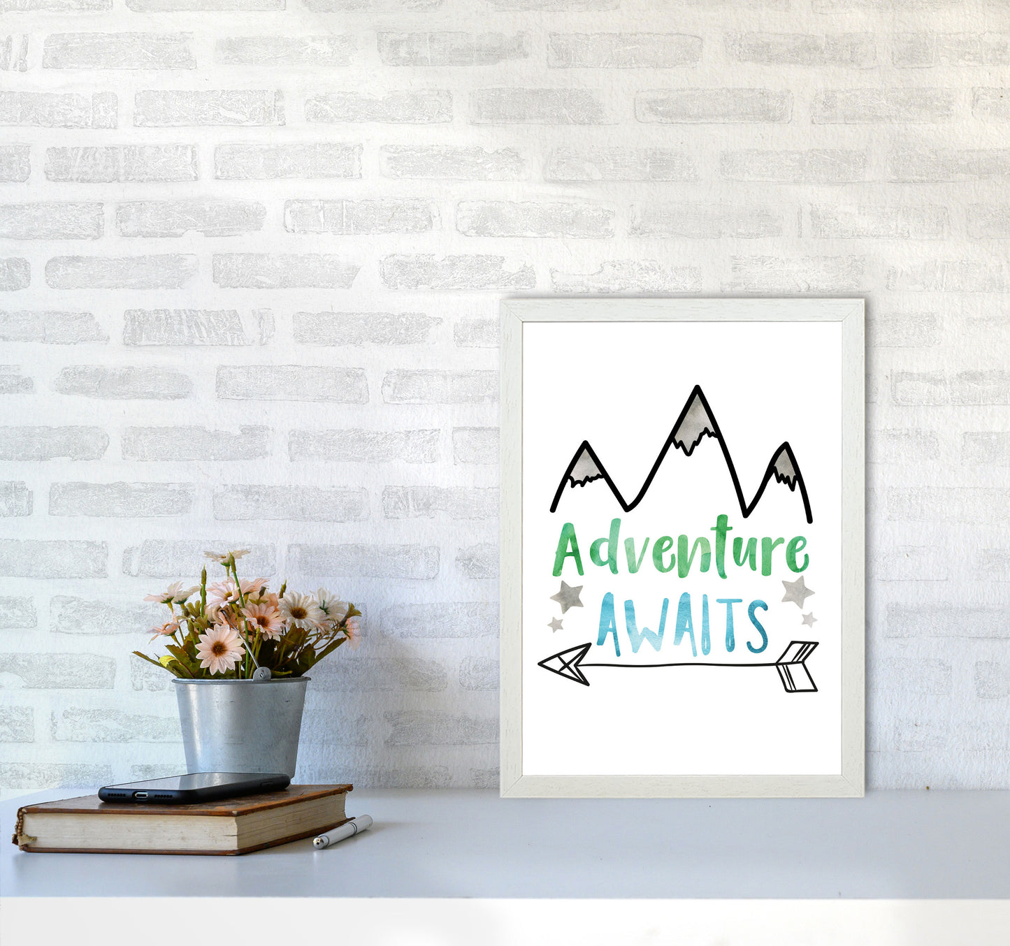 Adventure Awaits Watercolour Modern Print A3 Oak Frame