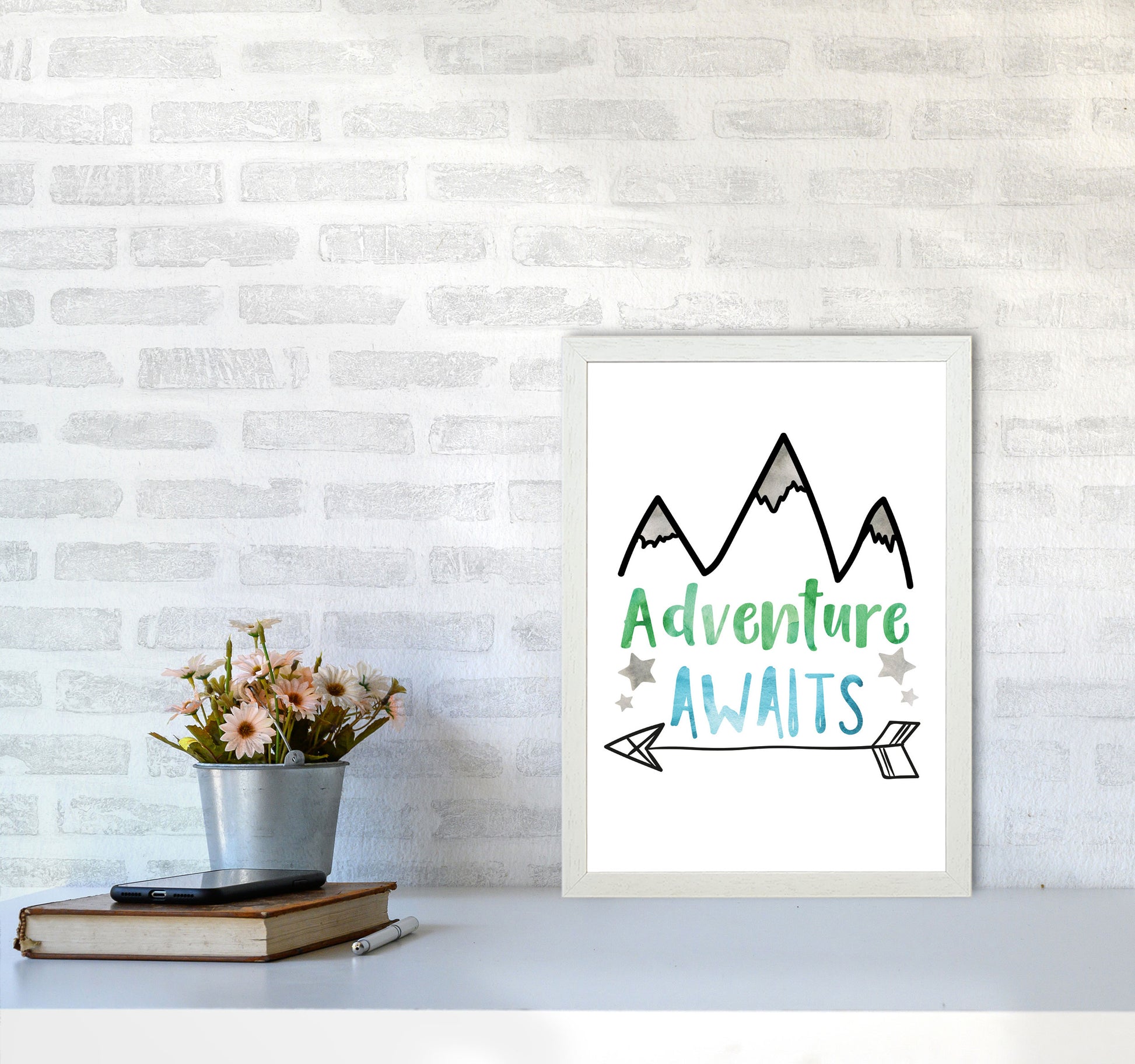 Adventure Awaits Watercolour Modern Print A3 Oak Frame