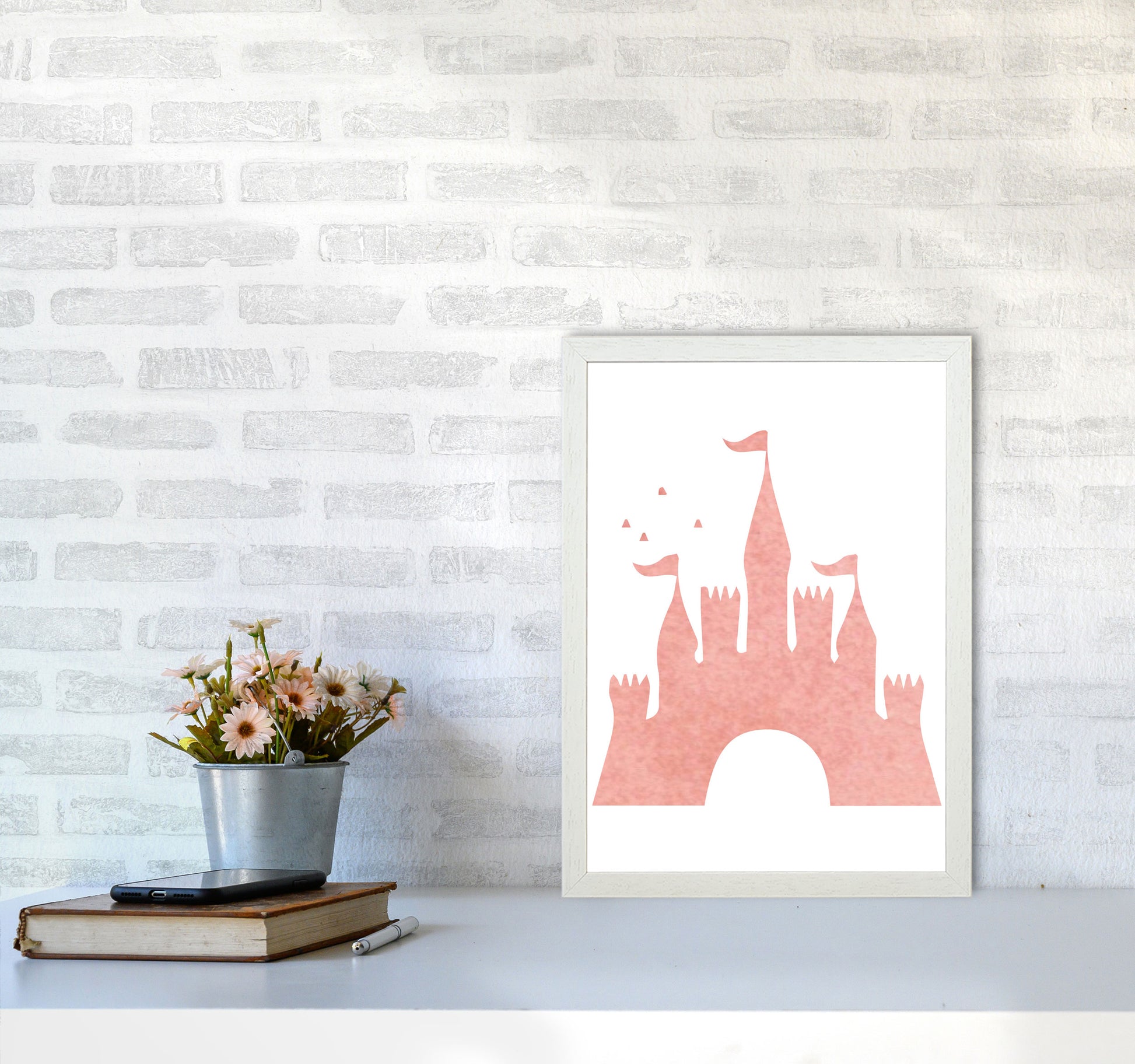 Peach Castle Watercolour Modern Print A3 Oak Frame