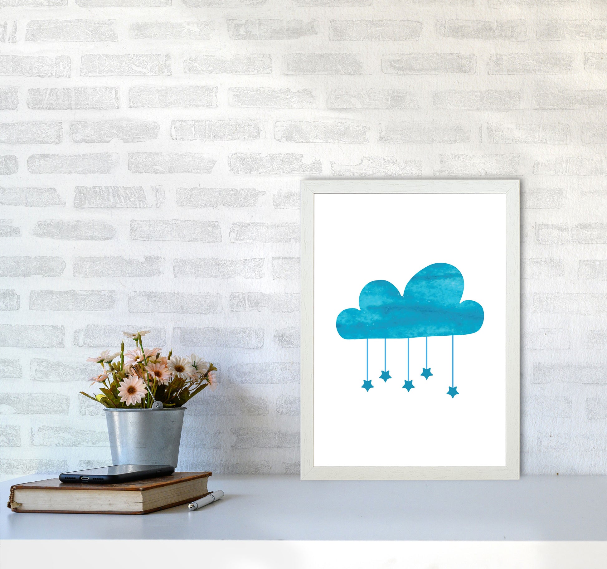 Turquoise Cloud Watercolour Modern Print A3 Oak Frame
