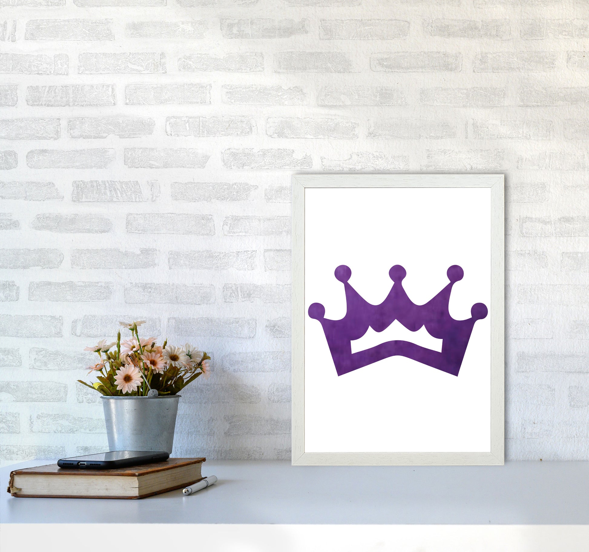 Purple Crown Watercolour Modern Print A3 Oak Frame