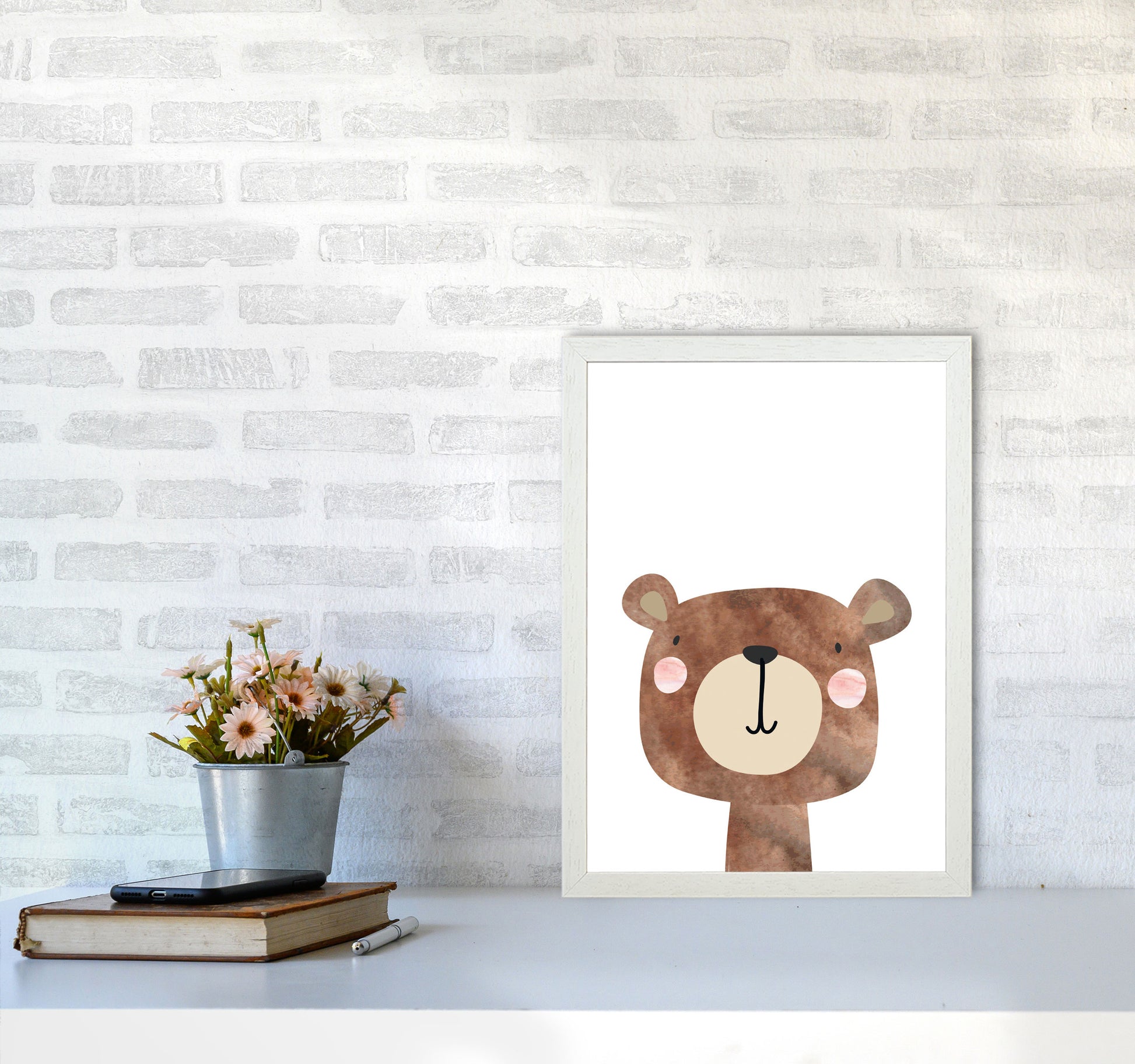 Scandi Brown Bear Watercolour Framed Nursey Wall Art Print A3 Oak Frame