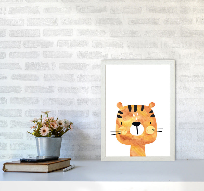 Scandi Tiger Watercolour Framed Nursey Wall Art Print A3 Oak Frame